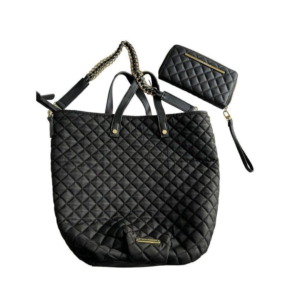 Steve Madden Black Quilted Tote & Wallet Set- note wear